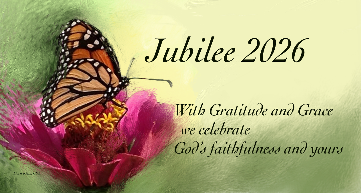 monarch on a flower with text "with gratitude we celebrate God's faithfulness and yours"