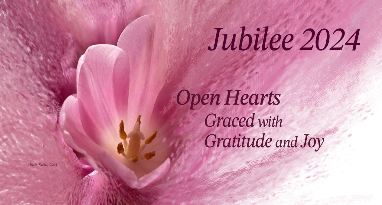a pink flower with text that says "Open Hearts Graced with Gratitude and Joy"
