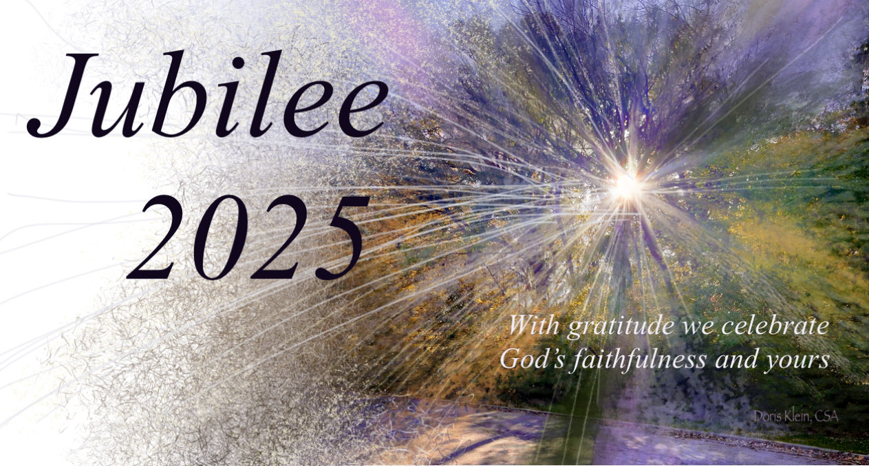 sun shining through trees with text "with gratitude we celebrate God's faithfulness and yours"