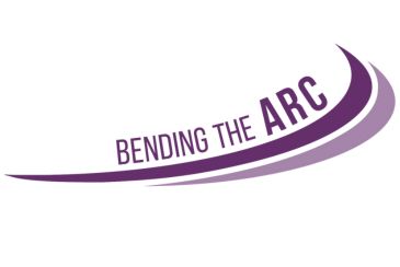 two graphic "swooshes" with the words "Bending the Arc" written above them